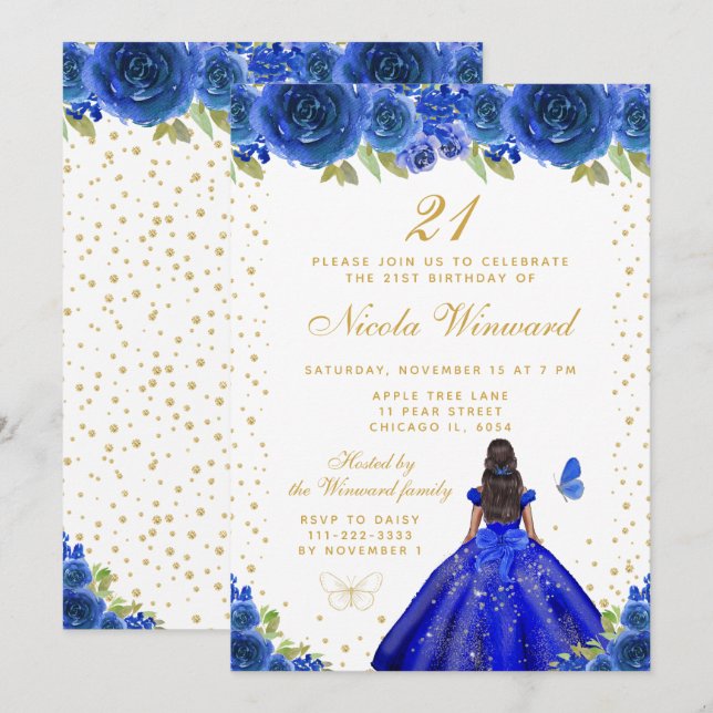 Blue Floral Dark Skin Princess Birthday Party Invitation (Front/Back)