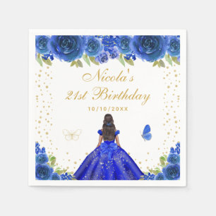 Blue Floral Dark Skin Princess Birthday Party Napkins