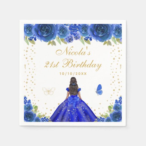 Blue Floral Dark Skin Princess Birthday Party Napkins