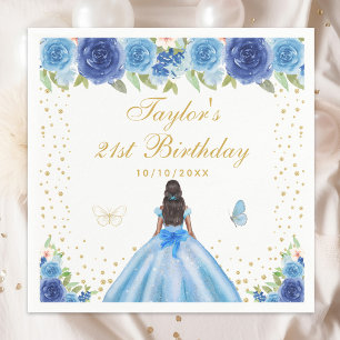 Blue Floral Dark Skin Princess Birthday Party Napkins