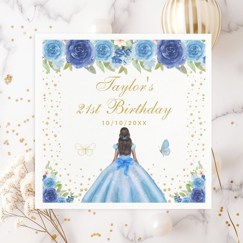 Blue Floral Dark Skin Princess Birthday Party Napkins