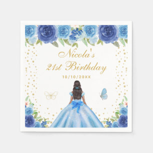 Blue Floral Dark Skin Princess Birthday Party Napkins