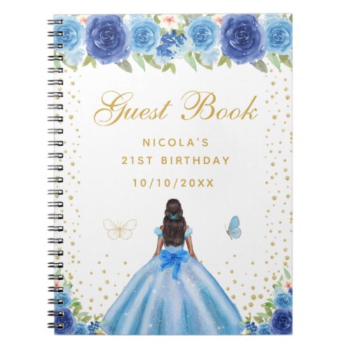Blue Floral Dark Skin Princess Birthday Party Notebook