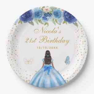 Blue Floral Dark Skin Princess Birthday Party Paper Plates
