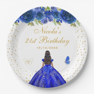 Blue Floral Dark Skin Princess Birthday Party Paper Plates