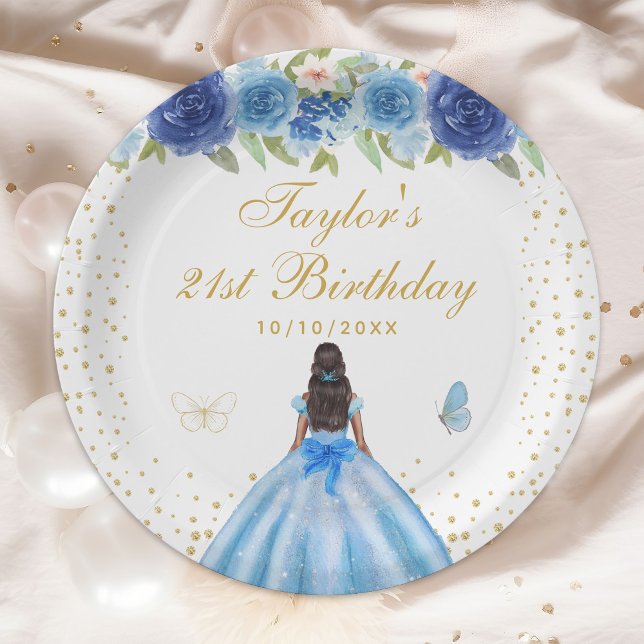 Blue Floral Dark Skin Princess Birthday Party Paper Plates (Creator Uploaded)