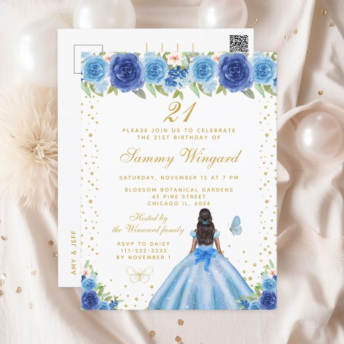 Blue Floral Dark Skin Princess Birthday Party Postcard