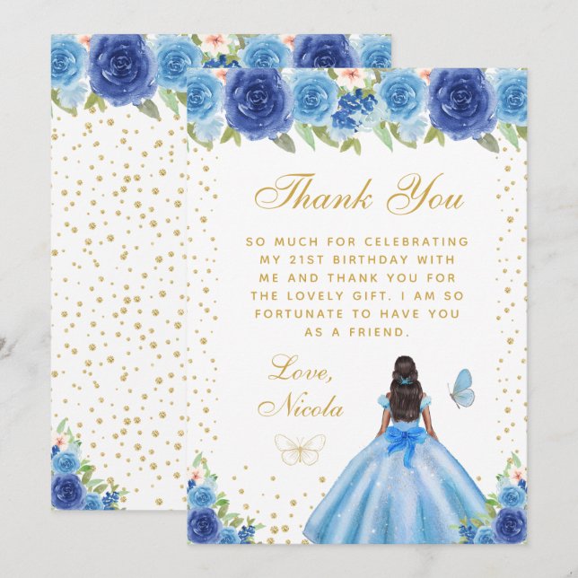 Blue Floral Dark Skin Princess Birthday Party Thank You Card (Front/Back)