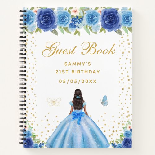 Blue Floral Dark Skin Princess Guest Book