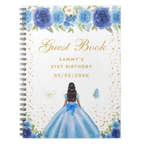 Blue Floral Dark Skin Princess Guest Book