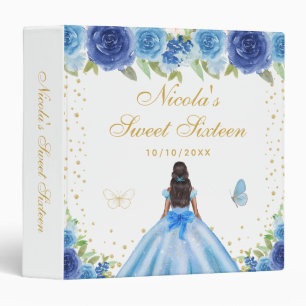 Blue Floral Dark Skin Princess Sweet Sixteen 3 Ring Binder