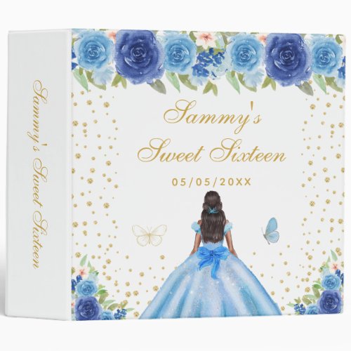 Blue Floral Dark Skin Princess Sweet Sixteen 3 Ring Binder