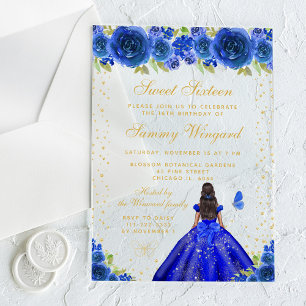 Blue Floral Dark Skin Princess Sweet Sixteen Acrylic Invitations