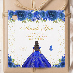 Blue Floral Dark Skin Princess Sweet Sixteen Favor Tags