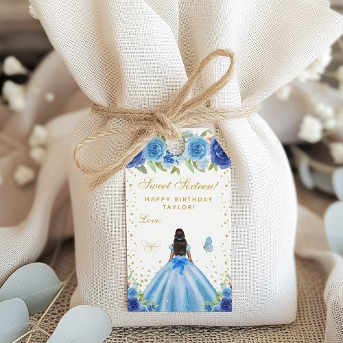 Blue Floral Dark Skin Princess Sweet Sixteen Gift Tags