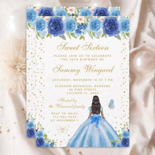 Blue Floral Dark Skin Princess Sweet Sixteen Invitation