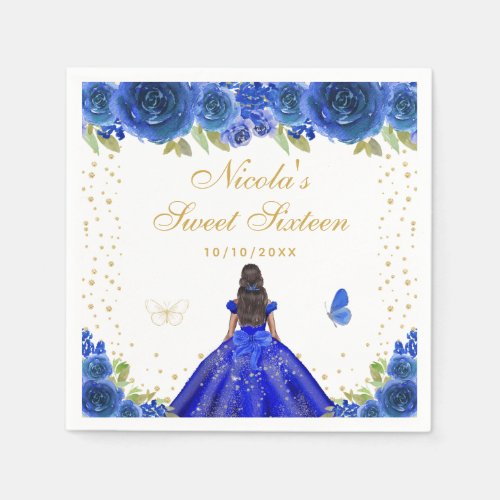 Blue Floral Dark Skin Princess Sweet Sixteen Napkins