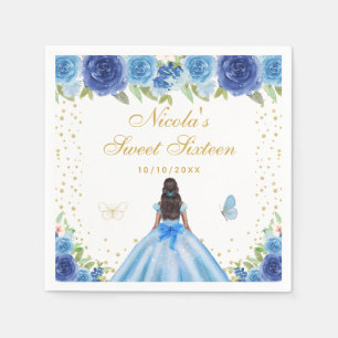 Blue Floral Dark Skin Princess Sweet Sixteen Napkins