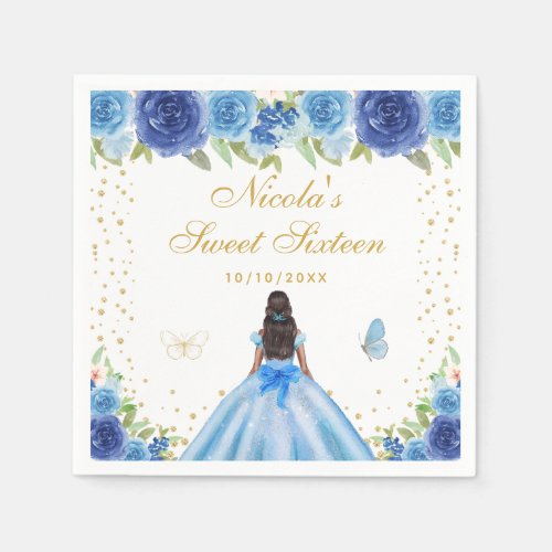 Blue Floral Dark Skin Princess Sweet Sixteen Napkins
