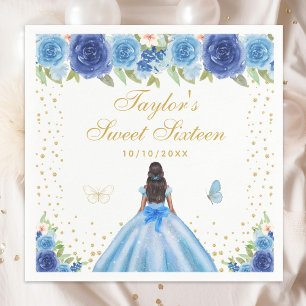 Blue Floral Dark Skin Princess Sweet Sixteen Napkins