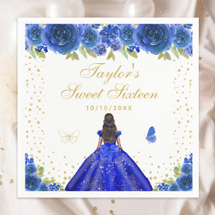 Blue Floral Dark Skin Princess Sweet Sixteen Napkins
