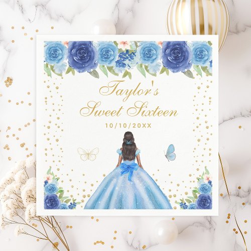 Blue Floral Dark Skin Princess Sweet Sixteen Napkins