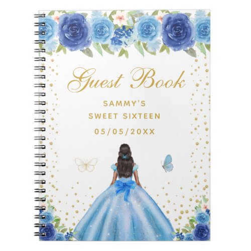 Blue Floral Dark Skin Princess Sweet Sixteen Notebook