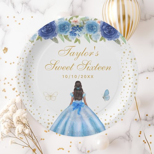 Blue Floral Dark Skin Princess Sweet Sixteen Paper Plates