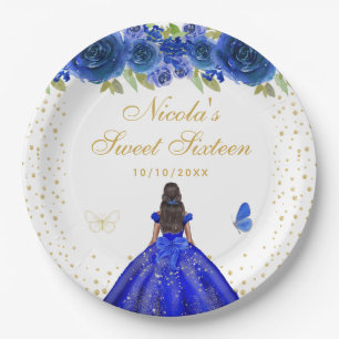 Blue Floral Dark Skin Princess Sweet Sixteen Paper Plates