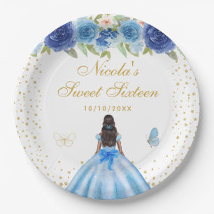 Blue Floral Dark Skin Princess Sweet Sixteen Paper Plates
