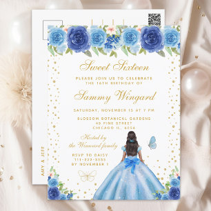 Blue Floral Dark Skin Princess Sweet Sixteen Postcard