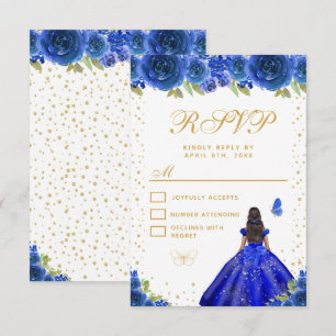 Blue Floral Dark Skin Princess Sweet Sixteen RSVP Card