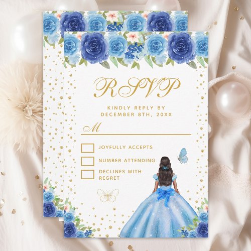 Blue Floral Dark Skin Princess Sweet Sixteen RSVP Card