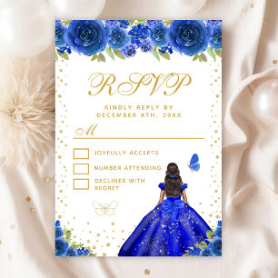 Blue Floral Dark Skin Princess Sweet Sixteen RSVP Card
