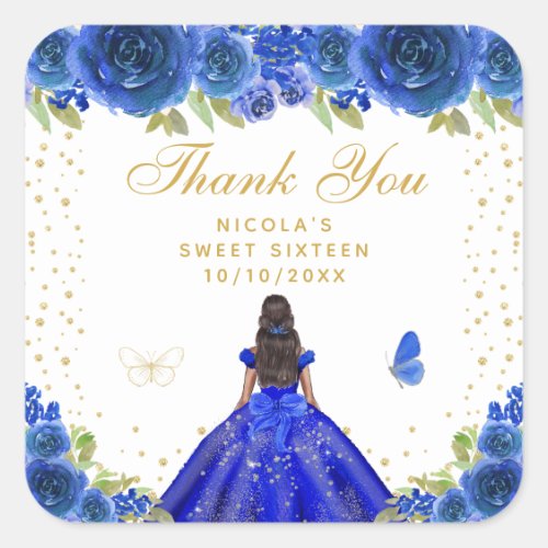 Blue Floral Dark Skin Princess Sweet Sixteen Square Sticker