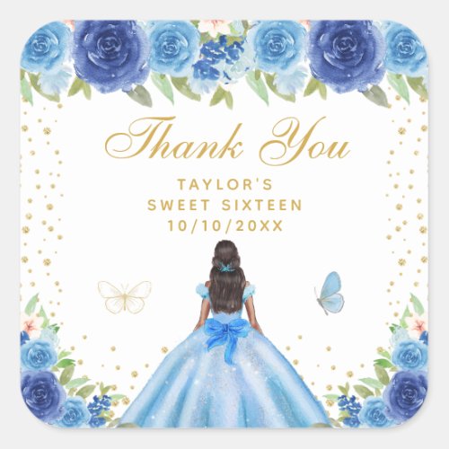 Blue Floral Dark Skin Princess Sweet Sixteen Square Sticker