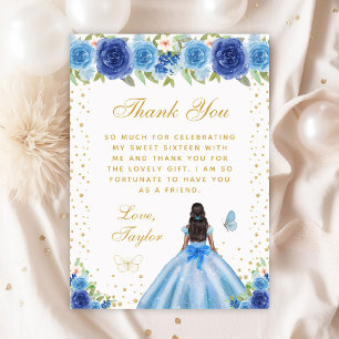 Blue Floral Dark Skin Princess Sweet Sixteen Thank You Card