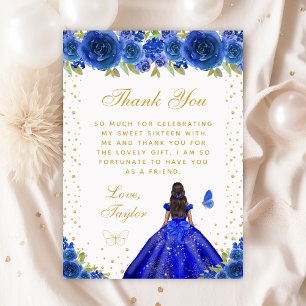 Blue Floral Dark Skin Princess Sweet Sixteen Thank You Card