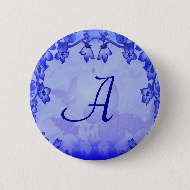 Blue Floral Deco Monogram Button (Front)