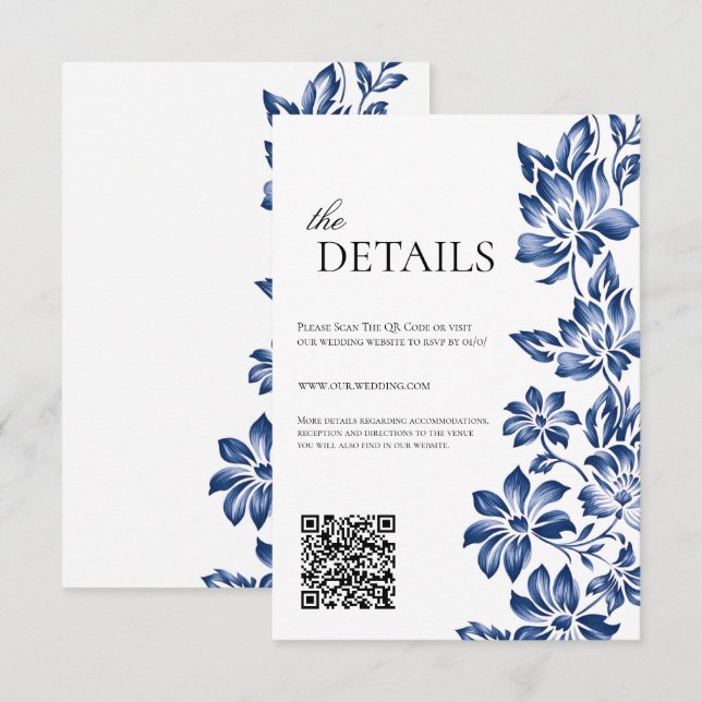 Blue floral delftware the details floral wedding enclosure card (Front/Back)