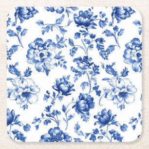 Blue Floral delftware vintage style botanical Square Paper Coaster