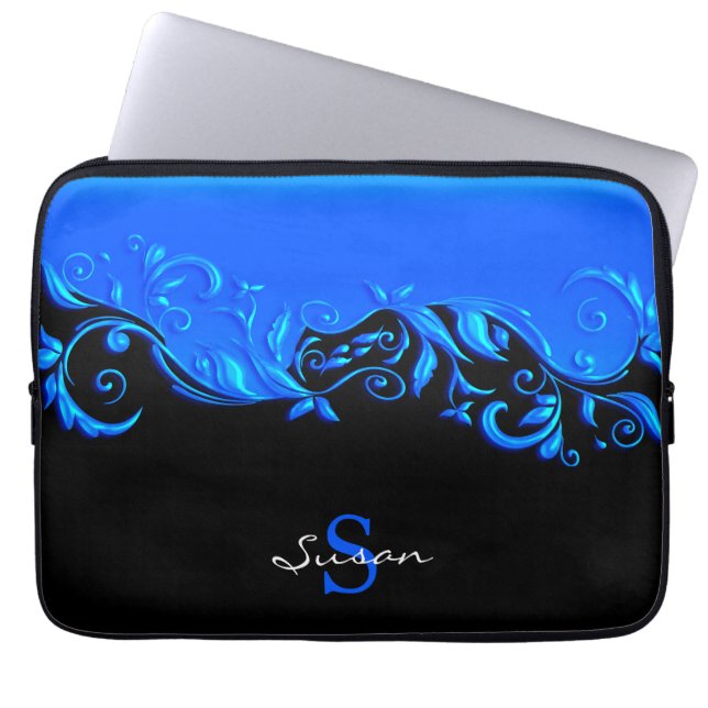 Blue Floral Design on Black Laptop Sleeve (Front)