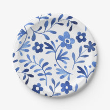 Blue floral design paper plate 