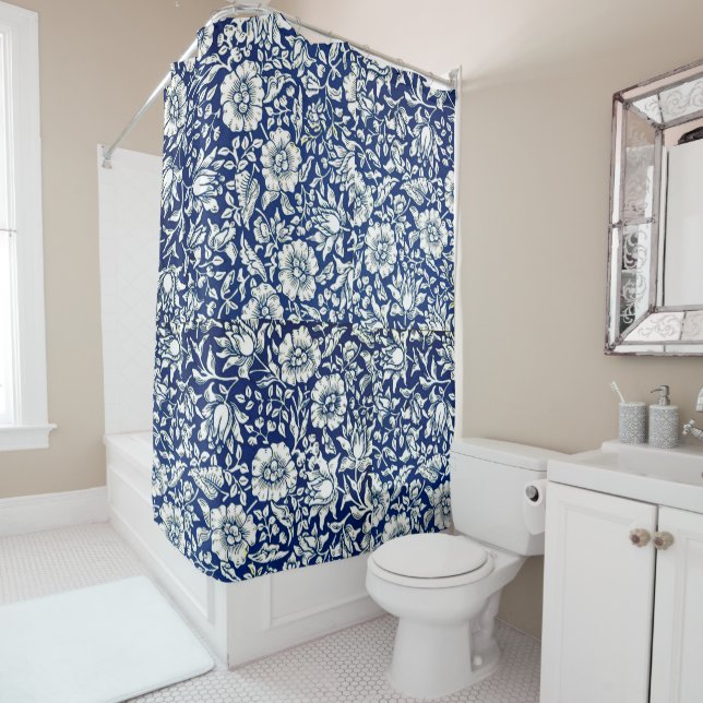 Blue Floral Design Shower Curtain (In Situ)