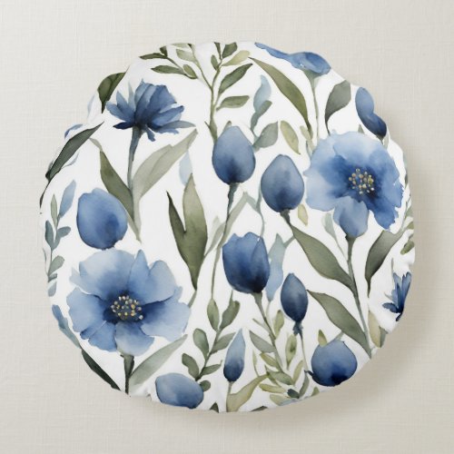 Blue Floral Design Watercolors Round Pillow