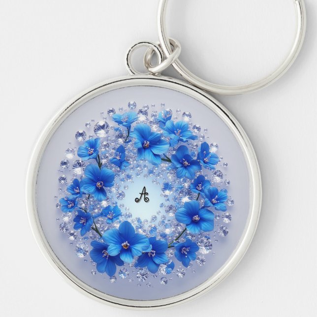 💎 Blue Floral Diamond Custom Name Charm 🔑 Keychain (Front)