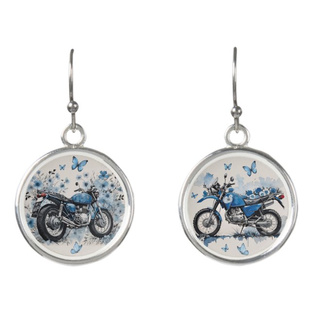 Blue Floral Dirt Bike Motorcycle with Butterflies Earrings (Front)