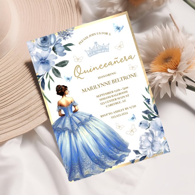 Blue Floral Dress Butterfly Quinceañera  Invitation (Creator Uploaded)