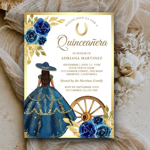 Blue Floral Dress Charro Western Gold Quinceanera Invitation