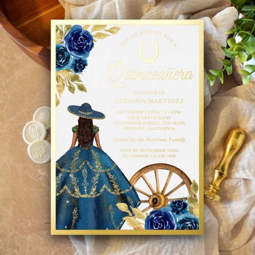 Blue Floral Dress Charro Western Quinceanera Gold Foil Invitation